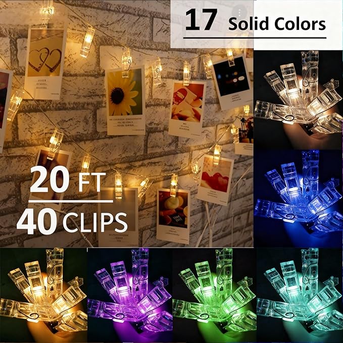 Solhice 20ft Photo Clips String Lights Color Changing 40 LEDs, Hanging Lights for Teen Girls Room Decor, Teenage Christmas Gifts, Indoor Bedroom USB Wall Lights for Pictures with Remote