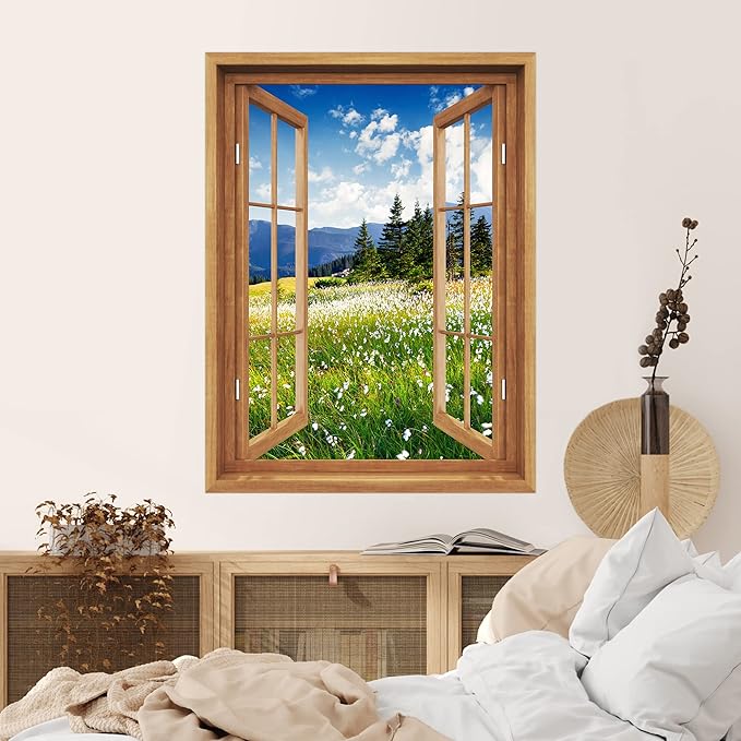 SIGNWIN Removable Wall Sticker/Wall Mural Window View Countryside Daisy Flower Field Nature Wilderness Photography Realism Decorative Landscape Digital Art for Living Room, Bedroom, Office - 36"x48"