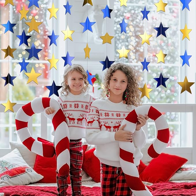 Patelai Glitter Star Garland Banner 2026 New Years Decor 130 Feet Star Hanging Banner Twinkle Backdrop for Birthday Classroom Wedding Christmas Party Supplies(Blue, Gold)