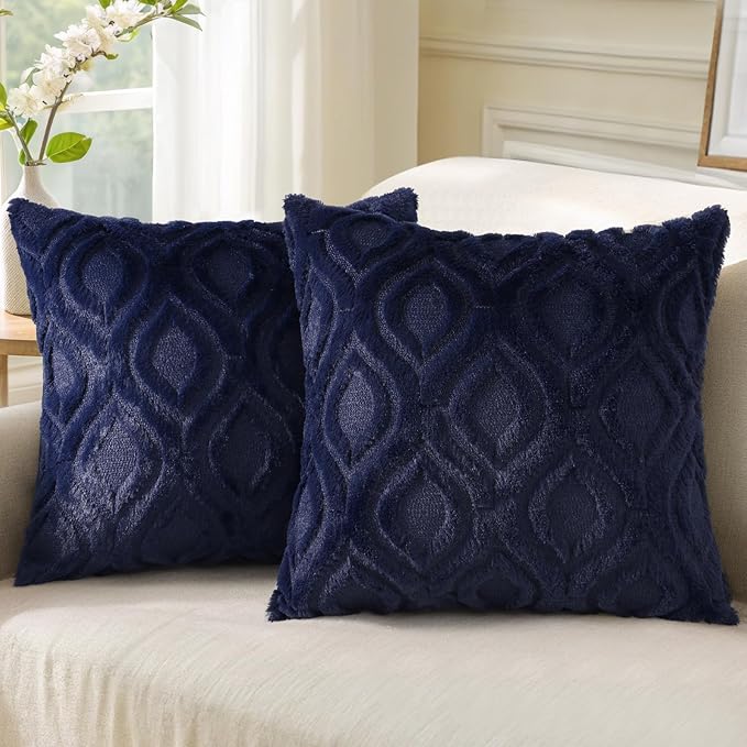 decorUhome Throw Pillow Covers 24x24 Inch Set of 2, Soft Plush Faux Wool Navy Blue Solid Couch Pillow Covers, Accent Farmhouse Neutral Square Pillow Cases for Sofa Bed Living Room