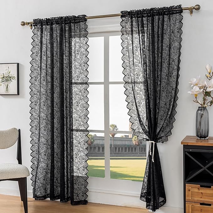 Black Lace Sheer Curtains – Vintage Floral Lace for Bedroom/Living Room, Halloween Curtains Gothic Privacy Light Filtering Rod Pocket Window Drapes, 52W x 96L Inch, 2-Panel Set
