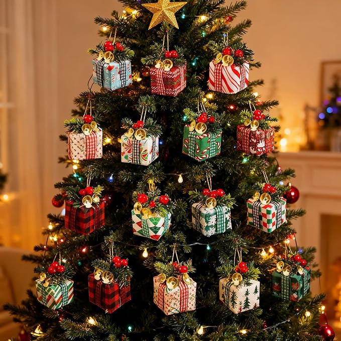 15 Pcs Christmas Tree Gift Boxes Ornaments Xmas Ornaments Present Boxes with Bell Red Berries Needle Miniature Hanging Christmas Ornaments for Xmas Tree Holiday Party Decor