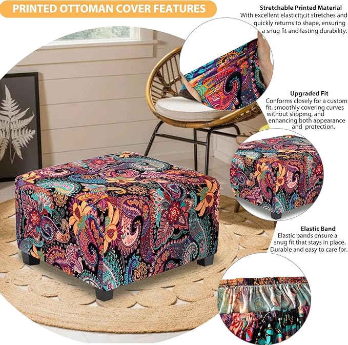Large Ottoman Cover Square Slipcovers Printed,Stretch Footrest Stool Cover for Ottoman Square,Soft Foot Stool Cover Protector with Nonslip Elastic Bottom (Large,Purple)