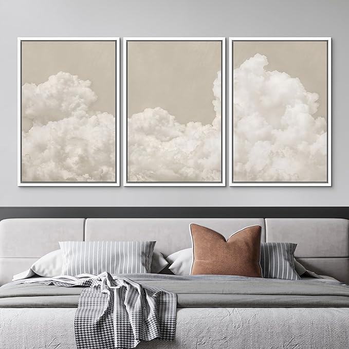 MUDECOR Framed Wall Art Print Set Serene Sky Filled with Fluffy Clouds Illustrations Modern Art Decorative Colorful for Living Room, Bedroom, Office - 24"x36"x3 White