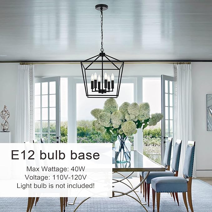 MELUCEE 6-Light Black Farmhouse Chandelier 16 Inches Cage Hanging Lights Rustic Lantern Pendant Lighting for Kitchen Island Dining Room Foyer Hallway, E12 Base