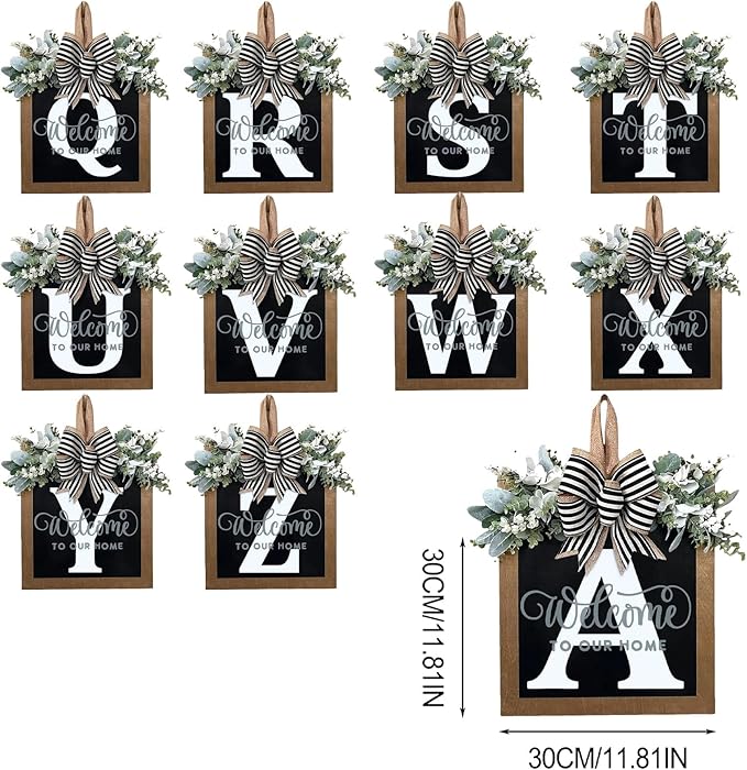 Last Name All Year Round Front Door Garland, Front Porch Decoration 26 Letter Welcome Garland and Eucalyptus and Bow Suitable for Spring Summer Winter Used for Front Door Hanging Garland (M)