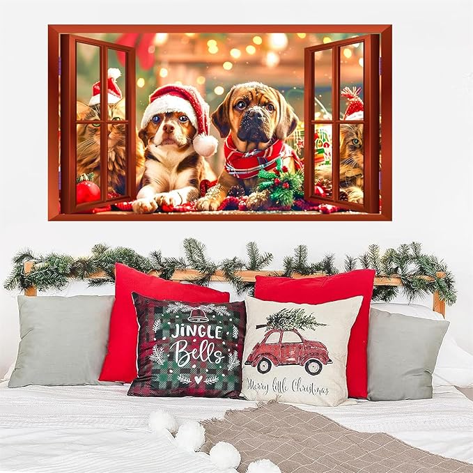 Christmas Dog Wall Stickers Decor 3D Fake Window Wall Decal Mural Christmas Cat Xmas Puppy Dog Decals Holiday Wall Sticker Animal Fake Window Wall Stickers Party Decorations