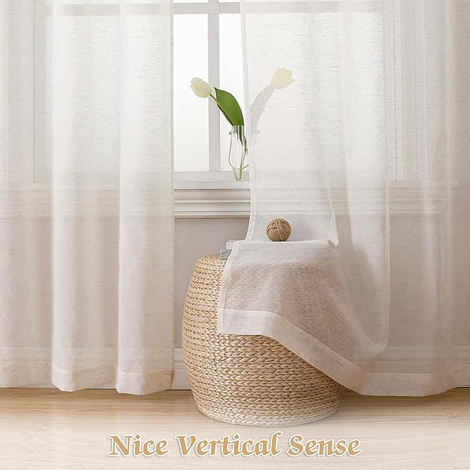 Lecloud Sheer Curtains 63 Inch Length 2 Panels Set, Natural Linen Blend Textured Curtains for Bedroom/Living Room, Farmhouse Window Curtain Drapes with Dual Rod Pocket, Each Panel 42" W x 63" L