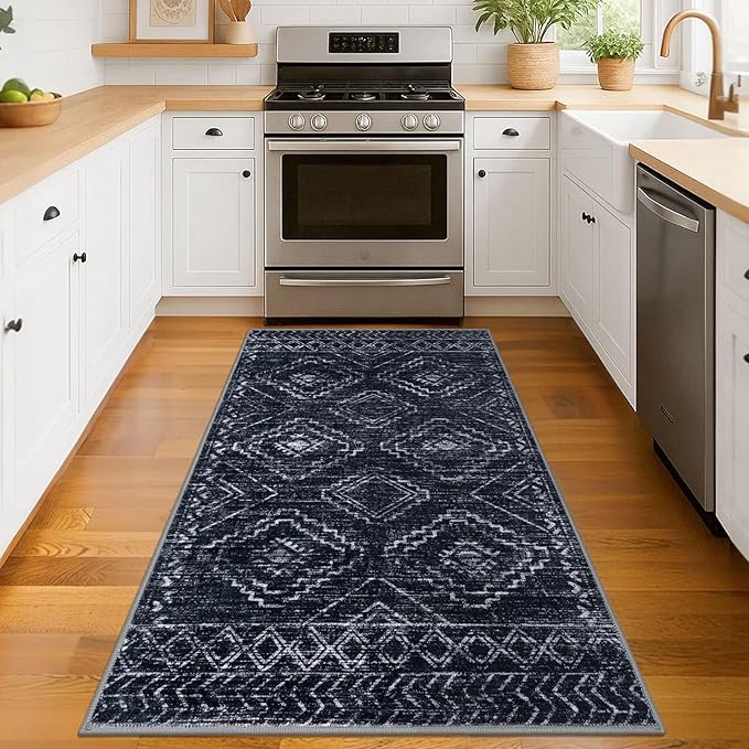 KILOCOCO Boho Entryway Rug 3x5 Area Rug Washable Non Slip Throw Rugs Soft for Kitchen Living Room Dining Bedroom Geometric Moroccan Carpet, Black/Navy