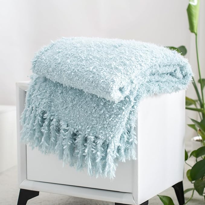 Winter Knit Throw Blanket Fluffy Fuzzy Soft Lightweight Cozy Farmhouse Tassels Chunky Knitted Throws for Couch Sofa Bed (Dream Blue, 60"x80")