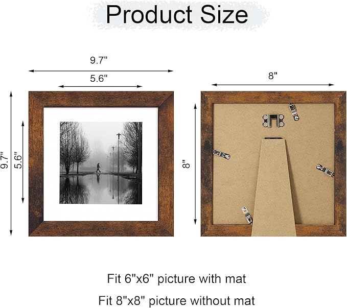 iRahmen 8x8 Picture Frame Set of 4 with HD Glass, Display 6x6 Pictures with Mat or 8 x 8 Without Mat, Rustic Wood Photo Frame for Wall Mount and Tabletop Display