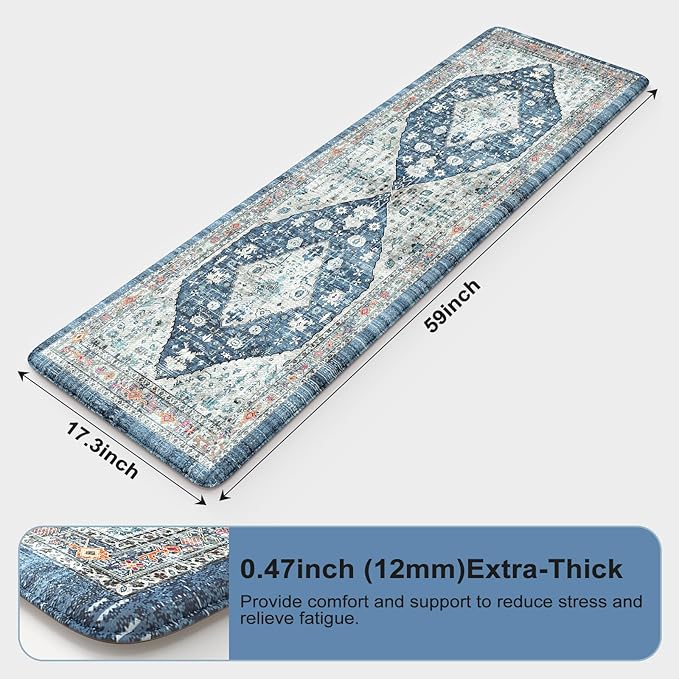 Collive Boho Kitchen Floor Mats, Cushioned Anti Fatigue Kitchen Runner Rugs, Comfort Non Slip Standing Mats for Floor, Laundry, Office, Sink, 17.3''x59'' Dark Blue
