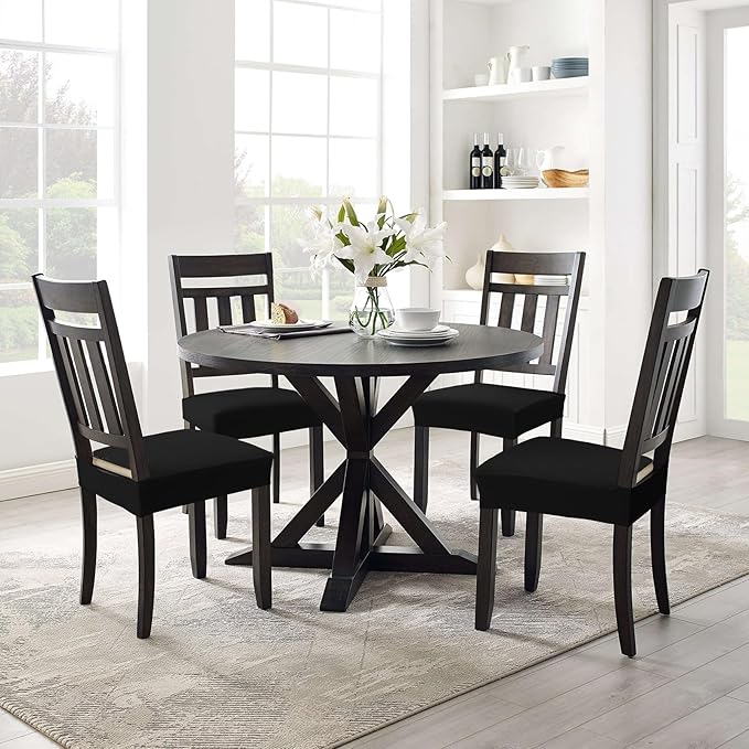 Smiry Stretch Jacquard Seat Covers for Dining Room Chairs Set of 8, Removable Washable Chair Seat Protector Slipcovers, No Rear Covers, Black