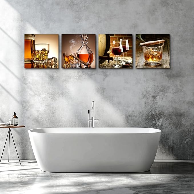 Canvas wall Art For Kitchen Dining Room Wall Decor Still Life Wine Glass Wall Paintings Ready To Hang For Home Decor Pub Restaurant Mural Framed Pictures Posters Prints Artwork 16" X 16"4 Piece