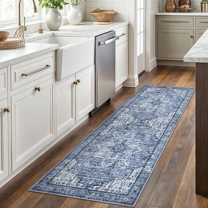 2x6 Runner for Hallways, Blue Non-Slip Printed Washable Kitchen Runner Vintage Rug with Non-Shedding, Soft Medallion Floor Carpet for Laundry Bedroom Entryway