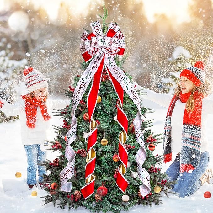 Christmas Tree Topper Bow Christmas Wreath Bow 52x13 Inches Large Burlap with White Red Polyester Edge Gift Bow for Xmas Tree Décor Christmas Home Indoor Outdoor Decoration