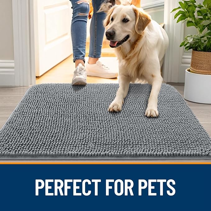 OLANLY Dog Door Mat for Muddy Paws 36x24, Absorbs Moisture and Dirt, Absorbent Non-Slip Washable Doormat, Quick Dry Chenille Mud Mat for Dogs, Entry Indoor Entryway Carpet for Inside Floor, Grey