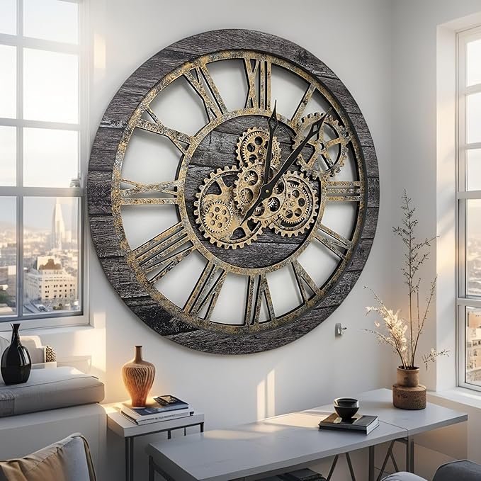 ImprovingLife The Gears Clock The Original Real Moving Gear Wall Clock Vintage Industrial Oversized Rustic Farmhouse (24 inch (60cm), Vintage Carbon Grey and Bronze)
