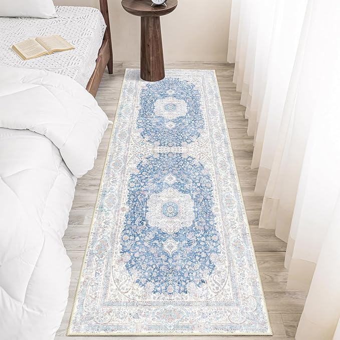 Washable Runner Rug 2x6,Blue Rug Runners Non Slip,Long Boho Rugs for Hallways Kitchen Bedroom Entryway Living Room Bathroom,Vintage Bohemian Distressed Floor Carpet,Floral