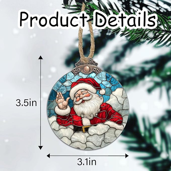 Stained Glass Christmas Decorations, Funny Santa Claus Suncatcher for Window Christmas Tree Hanging Ornaments White Clouds Sun Catcher Xmas Decor Gifts for Women Men Mom Nana Friend