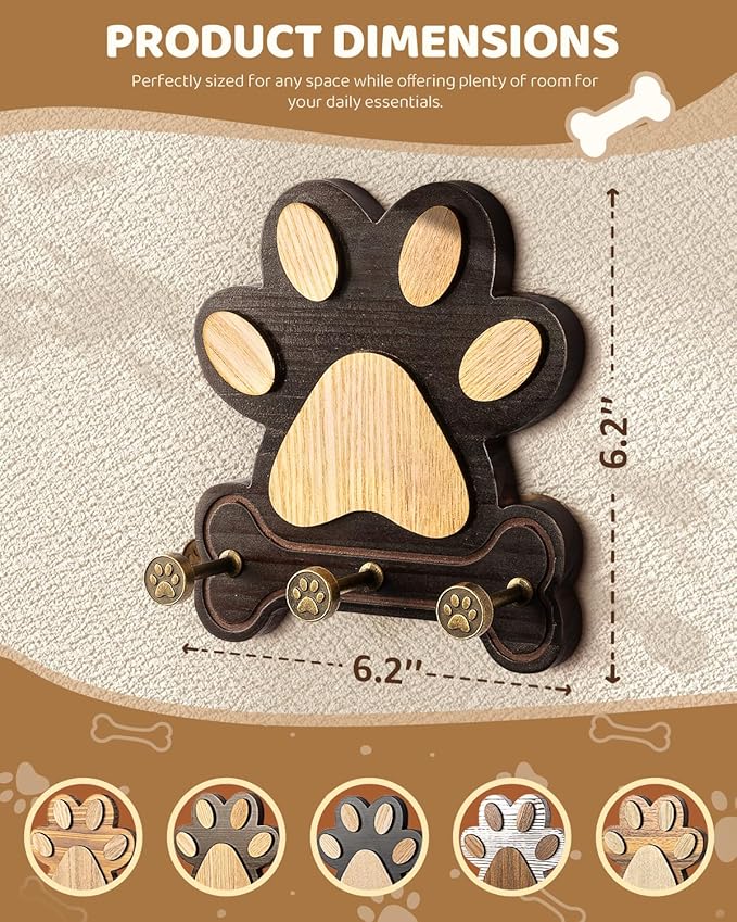 MTERSE Pine Wood Dog Leash Holder for Wall – Adorable Dog Leash Hanger, Key Holder, Coat Rack, and Sunglass Organizer – Rustic Farmhouse Wall Decor for Entryway, Bedroom, or Living Room (Dark Brown)