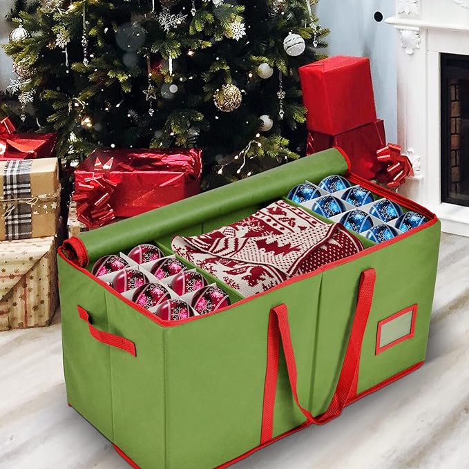 Holiday Cheer Premium Christmas Ornament Storage – Christmas Storage Container Perfect for Holiday Decorations and Ornament Storage Box – Fits 128 Holiday Ornaments – Tear-Proof Fabric