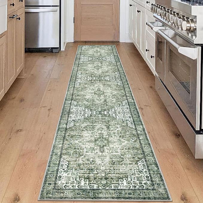 2x10 Runner for Hallways, Green Non-Slip Washable Kitchen Runner, Vintage Boho Runners Printed Rug with Non-Shedding, Soft Medallion Floor Carpet Rugs for Laundry Bedroom Entryway