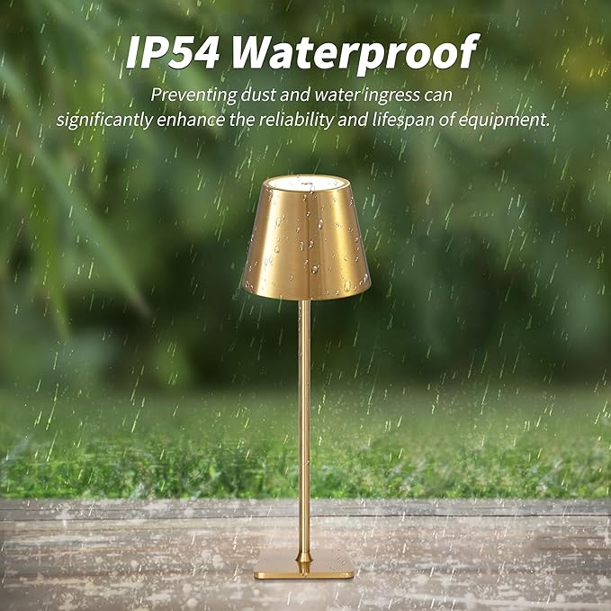 Mr. White Outdoor Waterproof Cordless Wireless Rechargeable Portable Top Touch Battery Operated Powered LED Table Lamp Desk Lamp Lights for Restaurant Kitchen Patio Dinner Dining (Gold)
