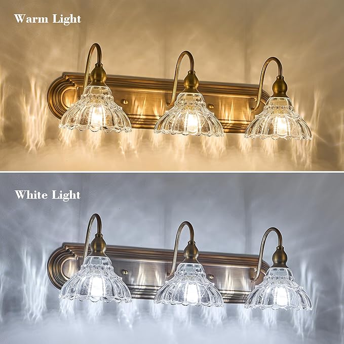 Vintage 3-Light Bathroom Vanity Lighting Fixtures Modern Wall Sconces Brass Glass Retro Vanity Light for Bedroom, Bathroom, Doorway, Farmhouse, Hallway