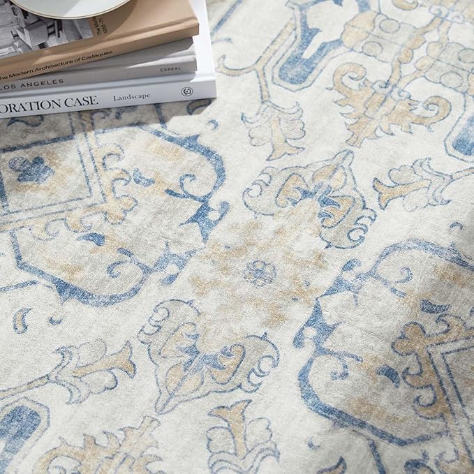 jinchan Round Rug 8ft Area Rug Vintage Floor Mat Kitchen Indoor Ultra-Thin Soft Floral Print Washable Circle 8' Accent for Farmhouse Non Slip Dining Room Living Room Bedroom Office Blue