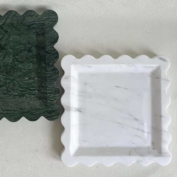Vintage Natural Marble Tray Small Ornaments Scalloped Tray Handmade Storage Dish for Counter, Vanity, Dresser, Nightstand and Desk (Volakas White)
