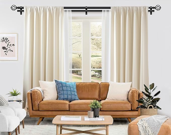 KAMANINA Black Double Curtain Rod 140 to 195 Inches (12-16 Feet), 1 Inch Curtain Rods for Windows 60 to 191, Heavy Duty Telescoping Drapery Rods with Twisted Cage Finials