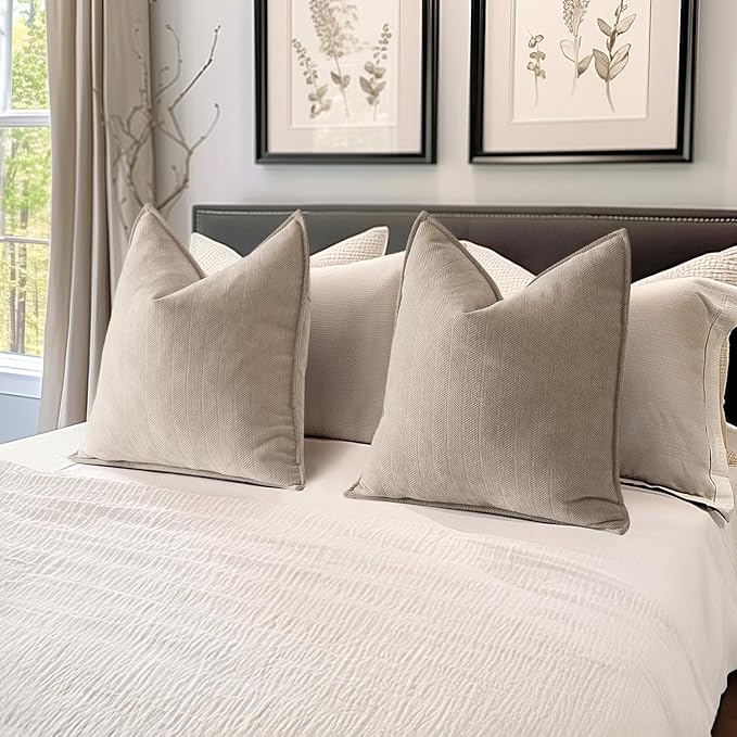 MIULEE Pack of 2 Beige Decorative Pillow Covers 22x22 Inch Soft Chenille Luxurious Couch Throw Pillows Farmhouse Cushion Covers Euro Shams with Elegant Design for Sofa Bedroom Living Room Home Decor