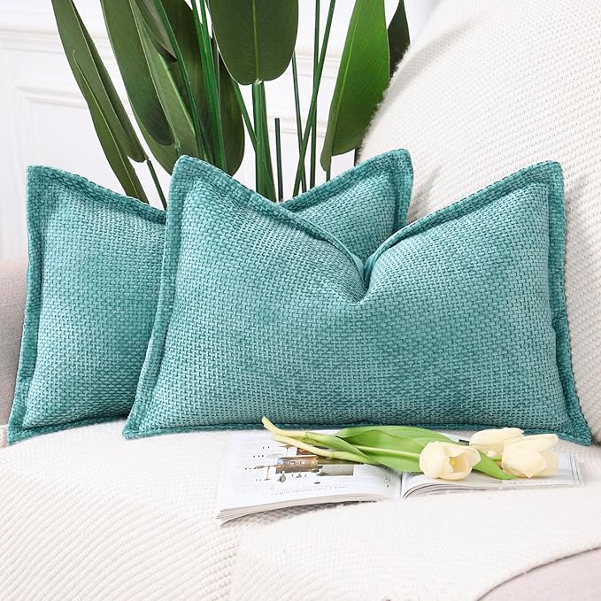 MADIZZ Chenille Velvet Throw Pillow Covers with Flange Set of 2 Super Soft Boho Textured Pillow Covers Decorative Throw Pillowcases Modern Farmhouse Home Decor for Sofa Bedroom Turquoise 12x20 Inch
