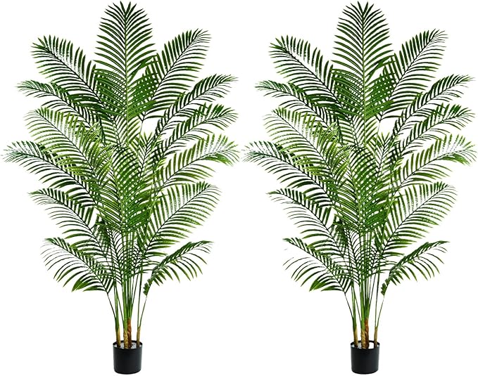 2 Pack Artificial Palm Tree 6FT Artificial Plants Indoor Tropical Fake Palm Tree Areca Floor Plant in Black Pot with 18 Trunks & Real Bark Design, Faux Palm Plant for Outdoor Patio Home Office Decor
