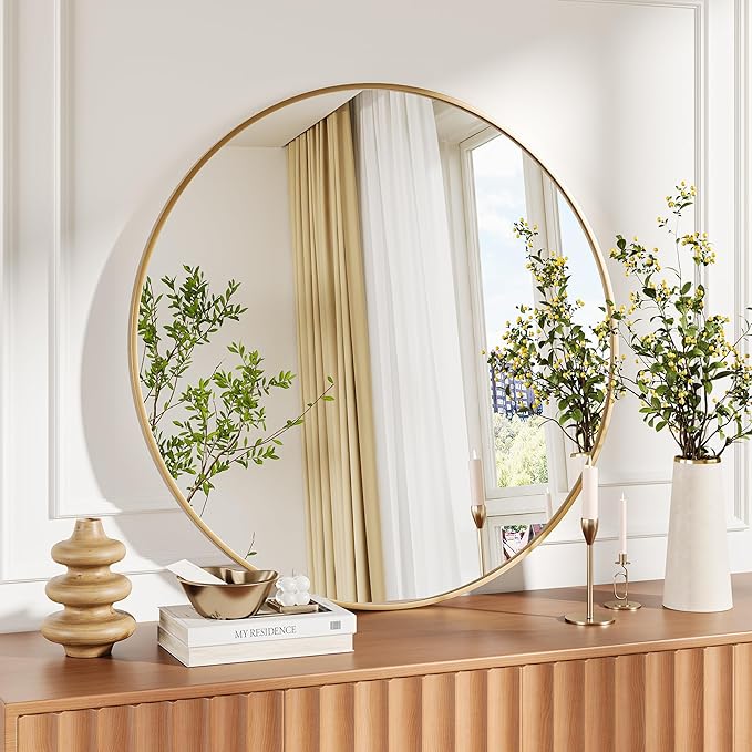 36" Gold Round Mirror for Wall, Large Circle Bathroom Mirror, Matte Gold Metal Frame, HD Eco-Friendly Glass, Contemporary Vanity Entryway Hallway Living Room Home Decor, Easy to Hang