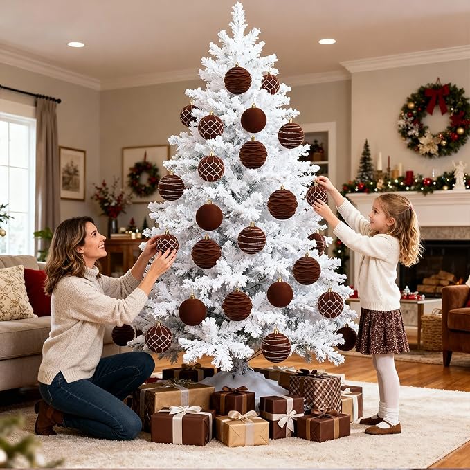 Artmag 12Pcs Velvet Christmas Ornaments Balls Sets for Christmas, Plastic Shatterproof Xmas Tree Flocked 3.15 inch Ornaments Balls for Winter Holiday Decor (Brown)