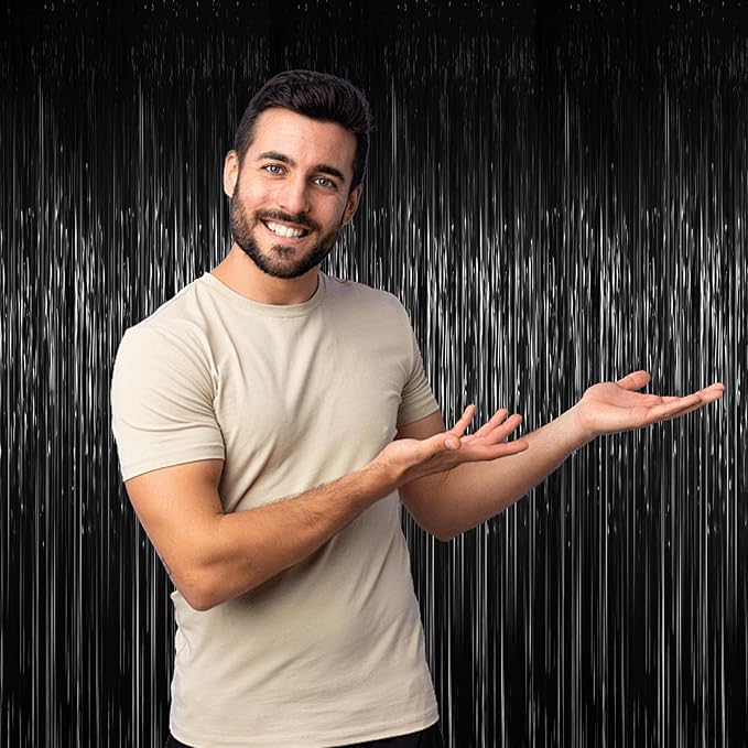 3.3 x 6.6 ft Foil Fringe Backdrop Curtains, Tinsel Streamers Party Decorations, Fringe Backdrop for Birthday, Baby Shower, Gender Reveal, Graduation (3, Black)
