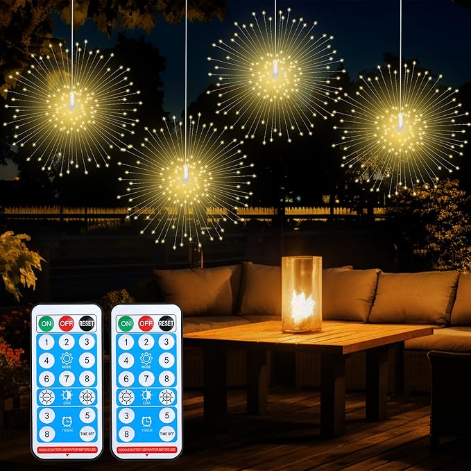 Starburst Sphere Lights with Remote Control 120 LED Firework Light 8 Modes Wedding Decorative Hanging Lights for Party Patio Garden Warm White 4 Pack