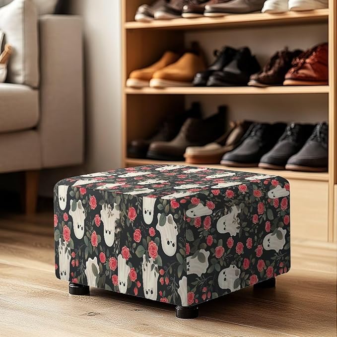 Halloween Rose Ghost Ottoman Cover - Scary Print Stretch Slipcover with Non-Slip Elastic Bottom, Fits Rectangular Storage Footstools, 33x30x15 Inch Holiday Party Decor