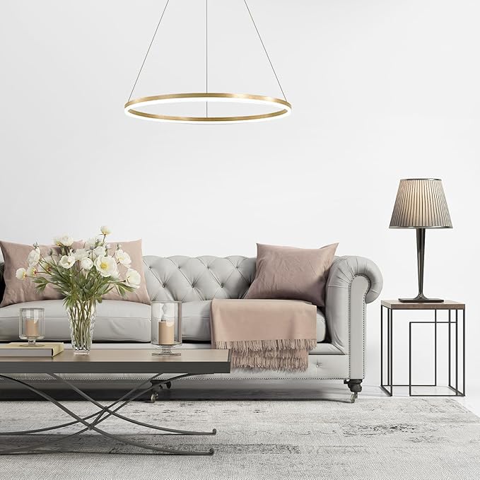 LightInTheBox Modern LED Gold Ring Chandelier, 23.6" Halo Pendant Light Fixture Circle Minimalist Dimmable Hanging Light Metal Acrylic for Living Room Dinning Room Bedroom (Gold)
