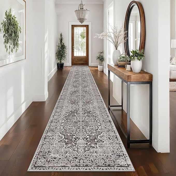 KUTA Vintage Washable Runners for Hallways 2.6x16, Non-Slip 16ft Extra Long Kitchen Runner Rug, Tan Grey Ultra Soft Printed Floral Medallion Stair Runners Indoor for Bedroom