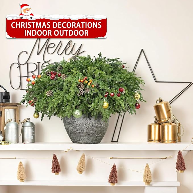 12 Pcs Christmas Greenery Stems with Pinecones Soft Bendable Naturally Droop Realistic Artificial Pine Stems Christmas Pine Branches Picks Faux Cedar Stems for Vase Garland Wreath Table Home Decor(12)