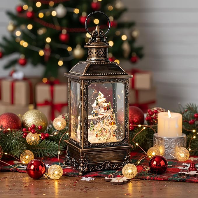 Christmas Village Buildings Snow Globe Lantern Water Glittering Snowman Family with Music & Timer, USB Lined/Battery Operated Lighted Lantern for Christmas Festival Decoration Gifts