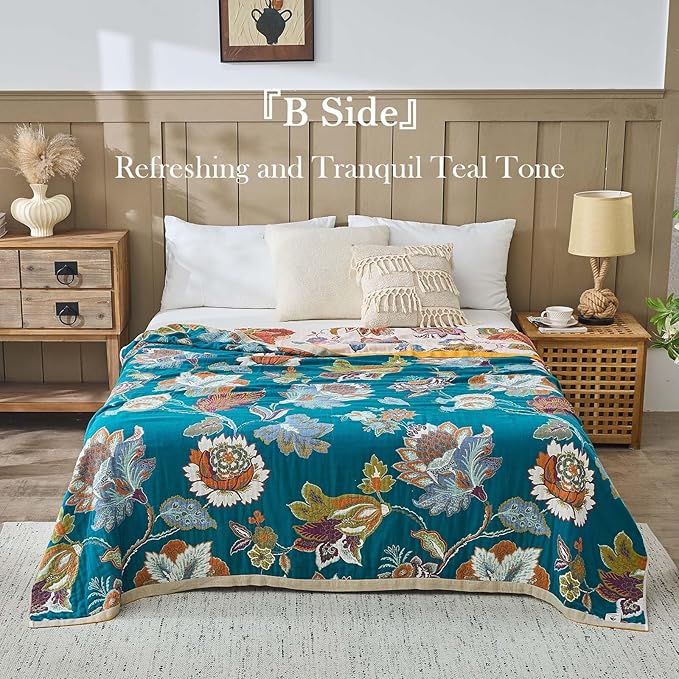 Summer Throw Blanket for Bed, 50"x60" Boho Throw Blankets 100% Cotton Quilts Farmhouse Decoration Warm Soft Blanket Muslin Bed Blankets for Couch Chair