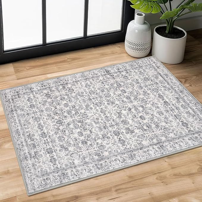 2x3 Washable Rug Soft Area Rug for Entryway, Grey Non-Slip Indoor Door Mat Distressed Floral Low-Pile Kitchen Rugs, Neutral Vintage Carpet for Entrance Kitchen Bedside Farmhouse