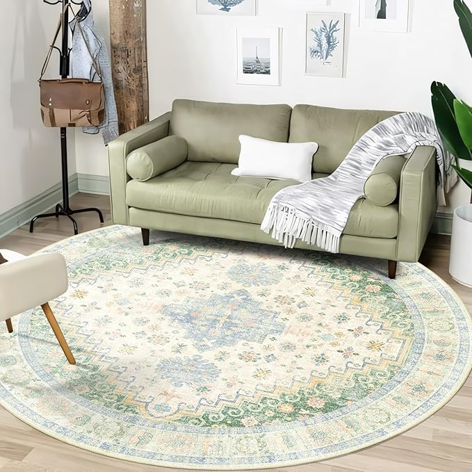 MUJOO Round Rugs 6ft,Circle Area Rug Washable,Circular Rugs for Living Room Dining Room,Large Boho Non Slip Throw Carpet Light Green and Blue