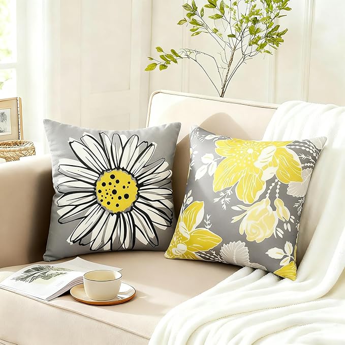 Decorative Throw Pillow Covers Set of 4 Yellow Pillow Covers 16x16 inch Throw Pillow Cases Linen Square Pillow Case,Farmhouse Outdoor Modern Boho Pillow Covers for Couch Sofa Living Room