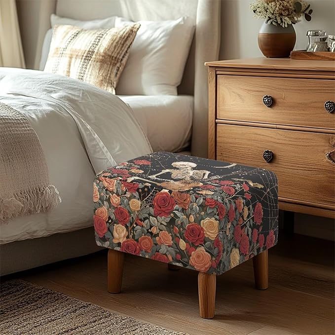 Soft Stretch Ottoman Slipcover Flower Skull Washable Rectangle Footrest Stool Cover Anti Scratch Furniture Protector with Elastic Bottom for Halloween Footstools Decor Size S