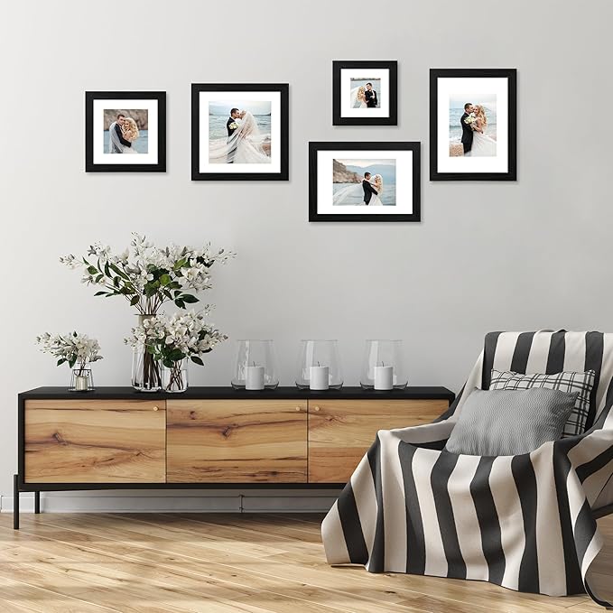 iRahmen 10x10 Picture Frame Set of 4 with HD Glass, Black Frames Display 8x8 Picture with Mat or 10 x 10 Without Mat, Wooden Photo Frames for Tabletop Display and Wall Mounting